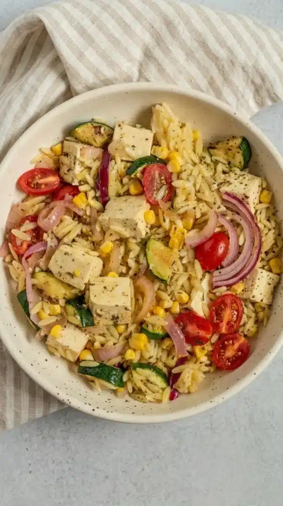 Summer Orzo Salad with Grilled Vegetables | Amazing Easy Lunch 8 Summer Orzo Salad with Grilled Vegetables served in a ceramic bowl