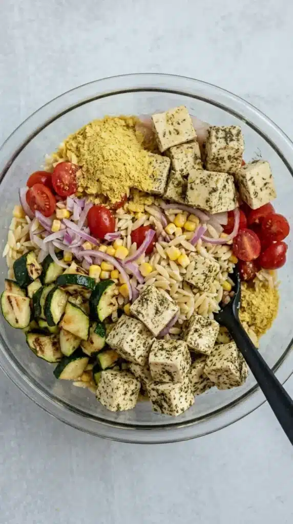 Summer Orzo Salad with Grilled Vegetables | Amazing Easy Lunch 6 Summer Orzo Salad with Grilled Vegetables ingredients ready to mix in a glass bowl
