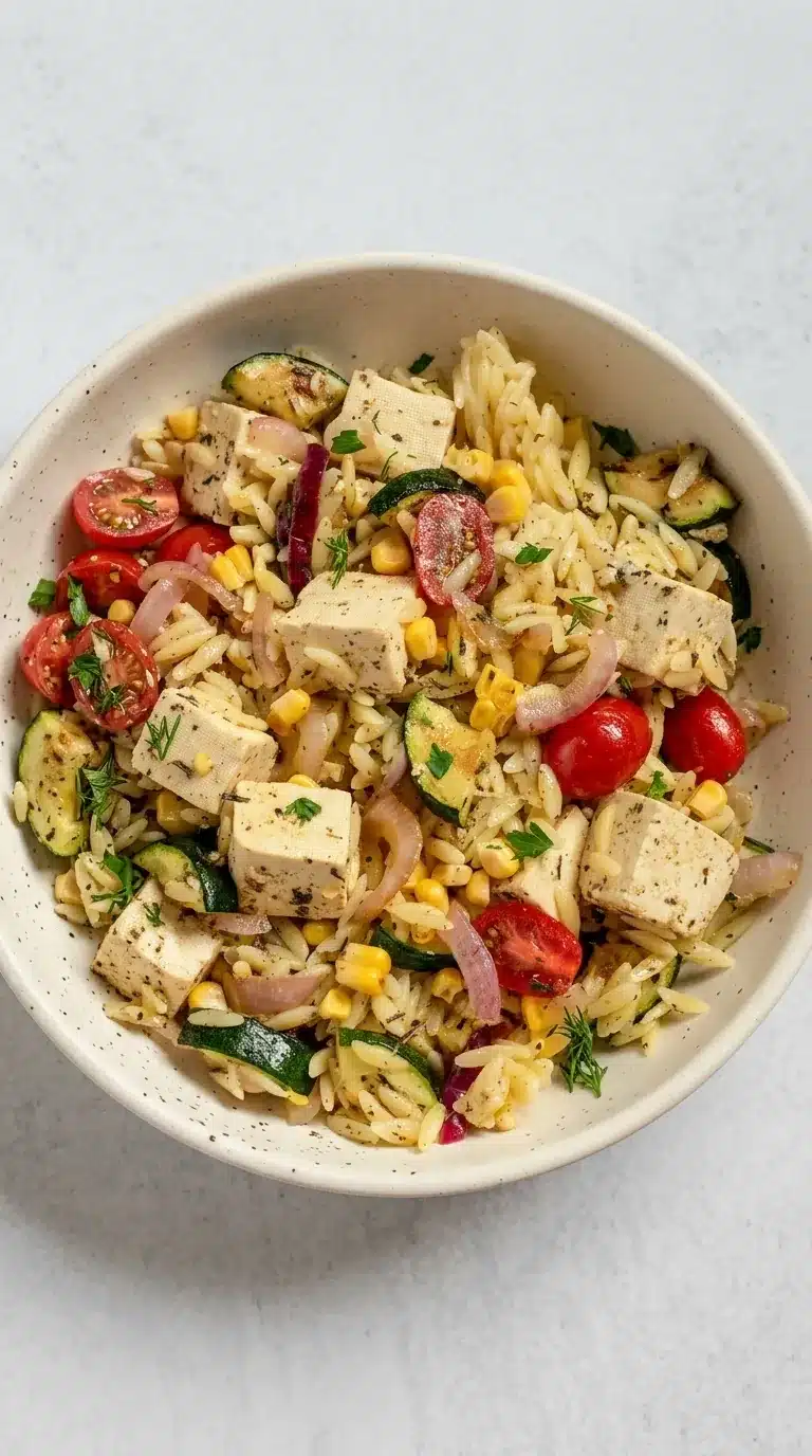 Summer Orzo Salad with grilled vegetables, tofu, corn, zucchini, and cherry tomatoes in a ceramic bowl