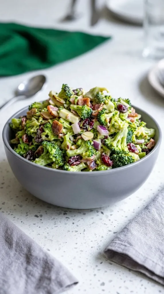 The Best Broccoli Salad with bacon, cranberries, almonds, and creamy dressing