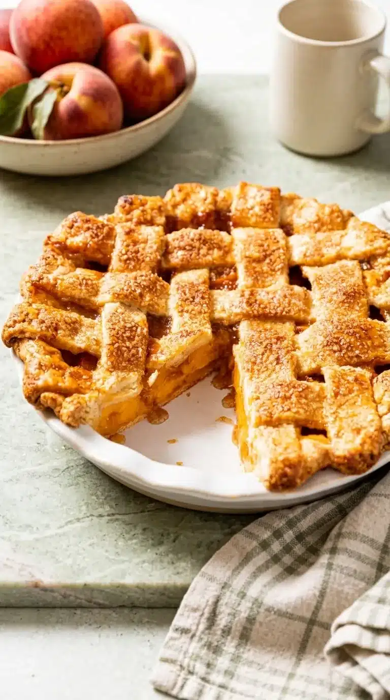 The Perfect Peach Pie with flaky lattice crust and thick, juicy peach filling.