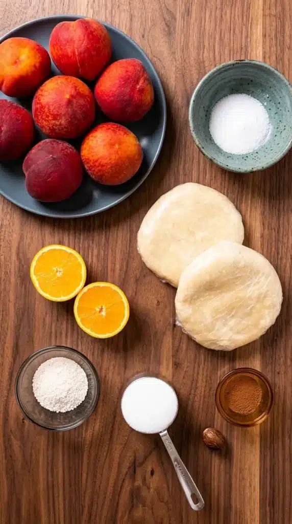 The Perfect Peach Pie Recipe | Amazing Homemade Favorite 5 The Perfect Peach Pie ingredients with fresh peaches, pie dough, cinnamon, tapioca, sugar, and orange.