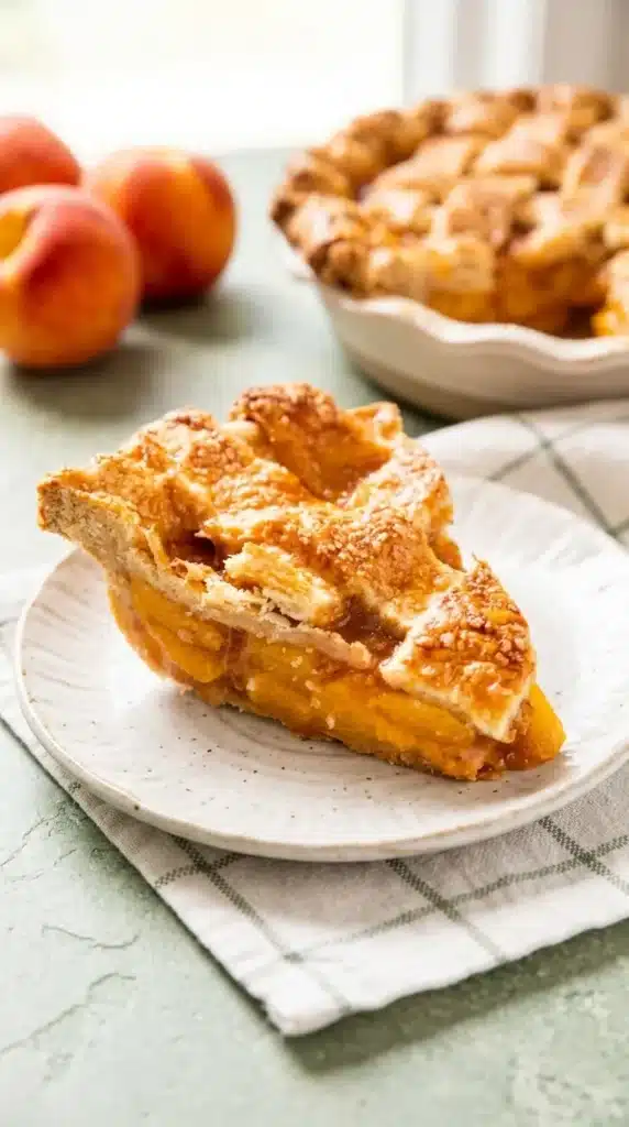 The Perfect Peach Pie Recipe | Amazing Homemade Favorite 6 Slice of The Perfect Peach Pie with flaky lattice crust and juicy peach filling.