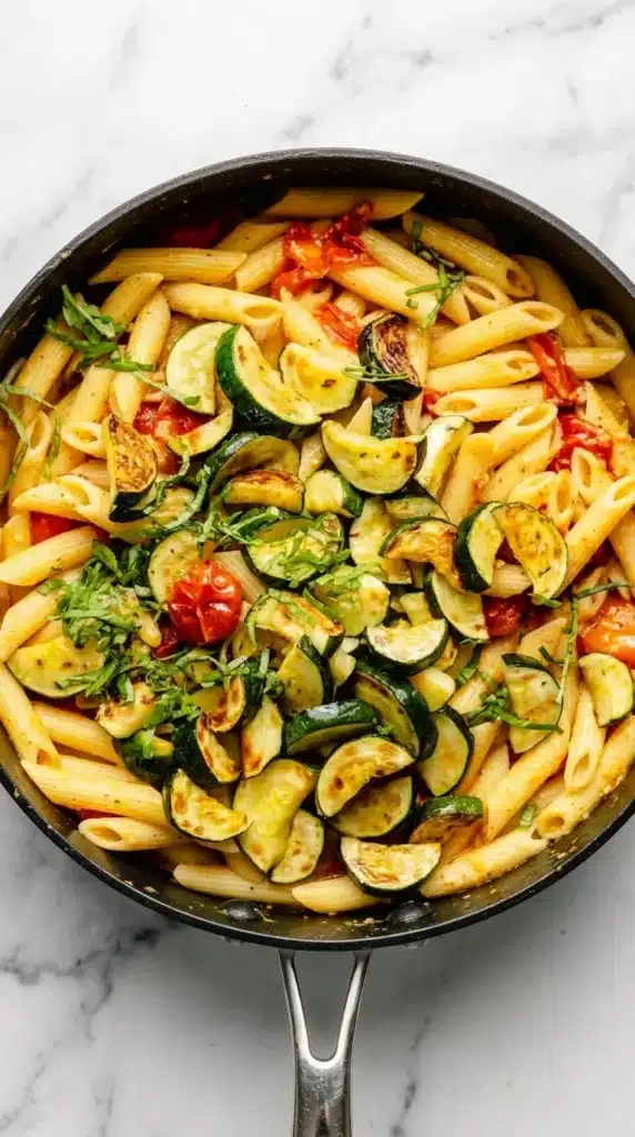 Tomato Zucchini Pasta with roasted zucchini and fresh basil in a skillet