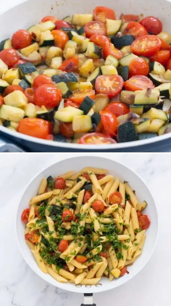 Close up of Tomato Zucchini Pasta with zucchini, tomatoes, Parmesan, and penne