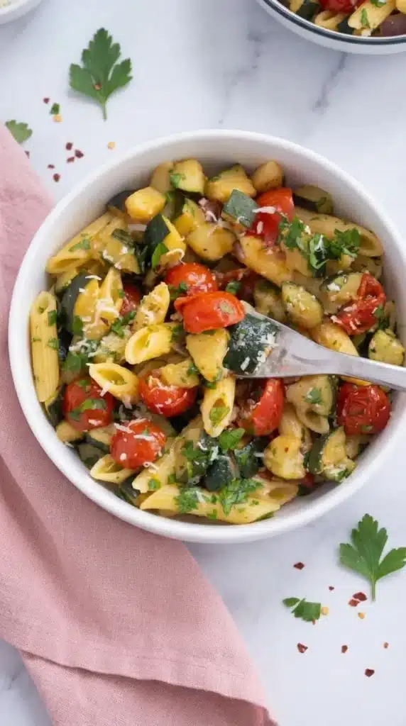 Tomato Zucchini Pasta cooking process with sauteed vegetables and penne pasta