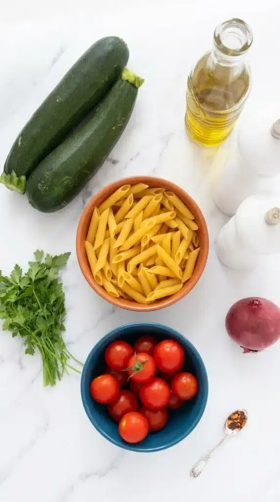 Tomato Zucchini Pasta ingredients arranged with fresh vegetables and pasta