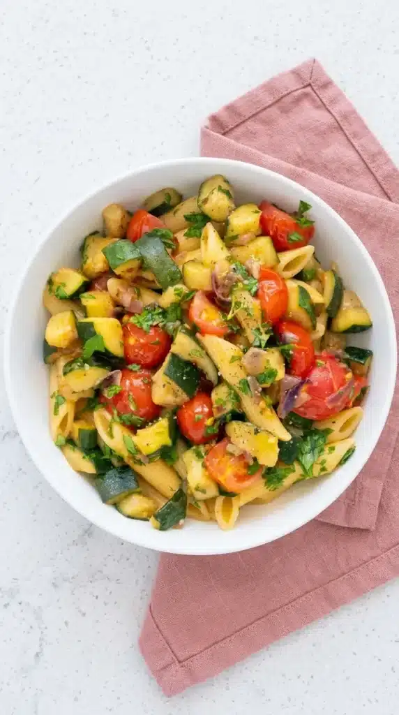 Tomato zucchini pasta with cherry tomatoes, zucchini, parsley, and penne in a fresh summer bowl