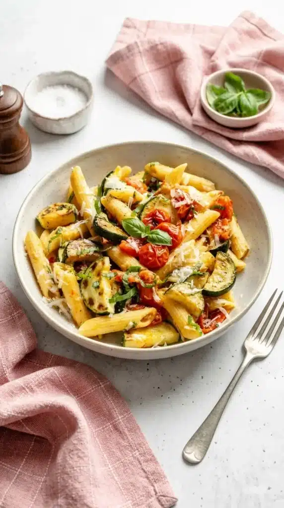 Tomato Zucchini Pasta served with zucchini, basil, and Parmesan in a rustic bowl
