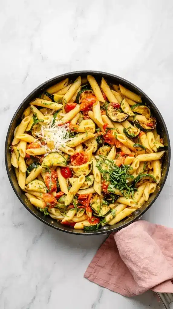 Tomato Zucchini Pasta in a skillet with zucchini, tomatoes, basil, and Parmesan
