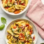 Tomato Zucchini Pasta with penne, zucchini, tomatoes, basil, and Parmesan