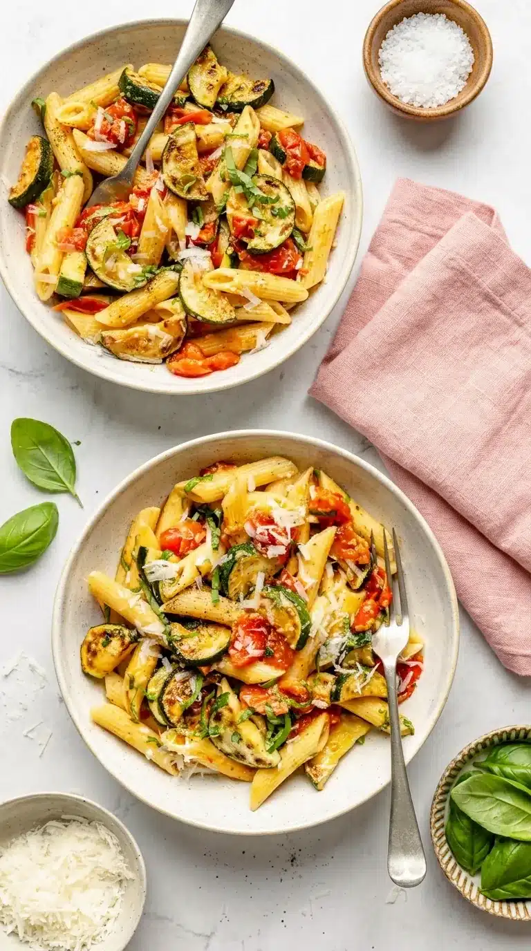 Tomato Zucchini Pasta with penne, zucchini, tomatoes, basil, and Parmesan