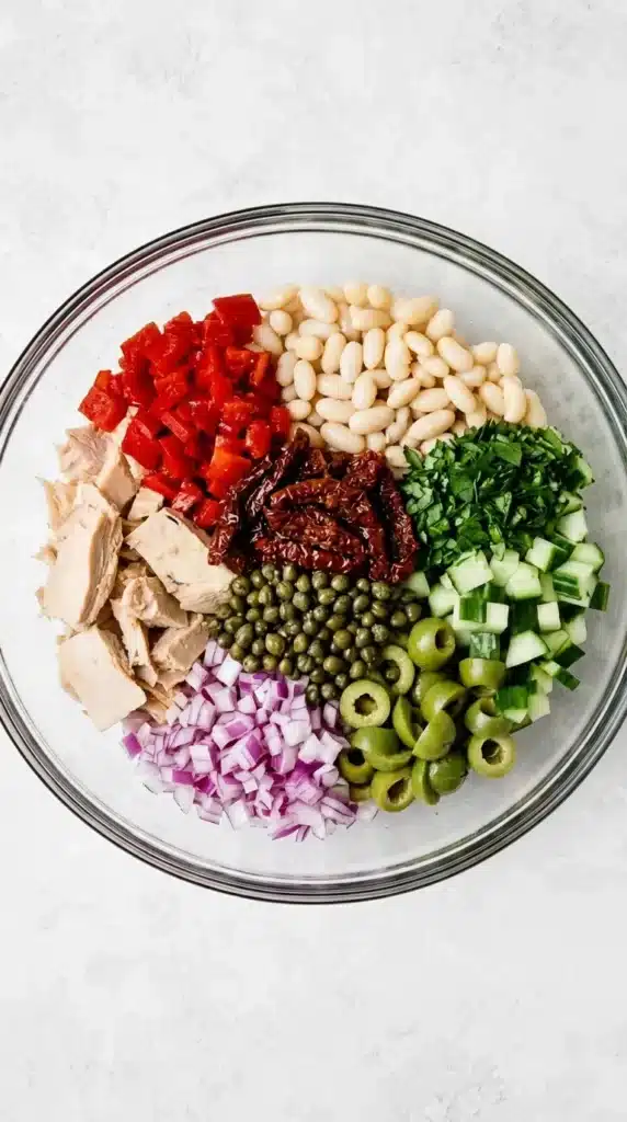 Tuscan Tuna Salad | Amazing Easy No Cook Lunch Recipe 7 Tuscan Tuna Salad ingredients arranged in a glass mixing bowl before tossing.