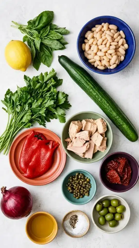 Tuscan Tuna Salad | Amazing Easy No Cook Lunch Recipe 6 Tuscan Tuna Salad ingredients with tuna, white beans, cucumber, olives, herbs, and lemon.