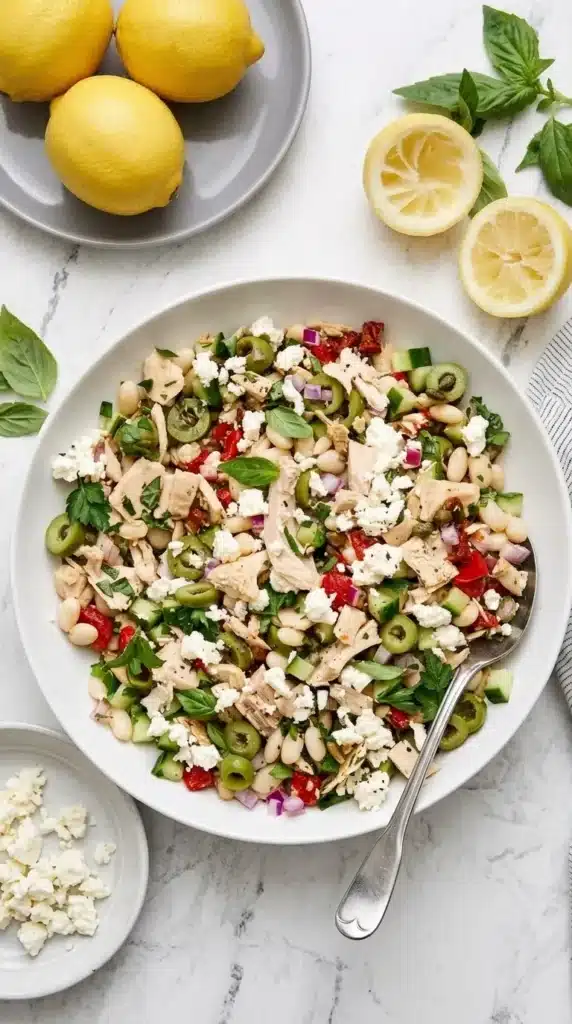 Tuscan Tuna Salad with white beans, olives, feta, cucumber, and fresh herbs.