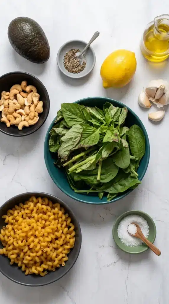 Ingredients for Vegan Avocado Pesto Pasta with avocado, basil, pasta, garlic, and cashews