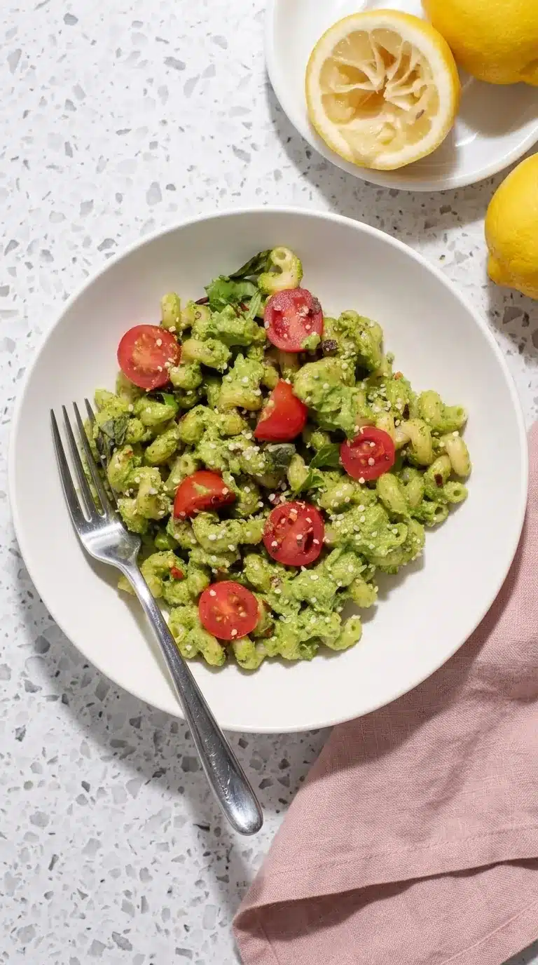 Creamy Vegan Avocado Pesto Pasta with cherry tomatoes in a bowl