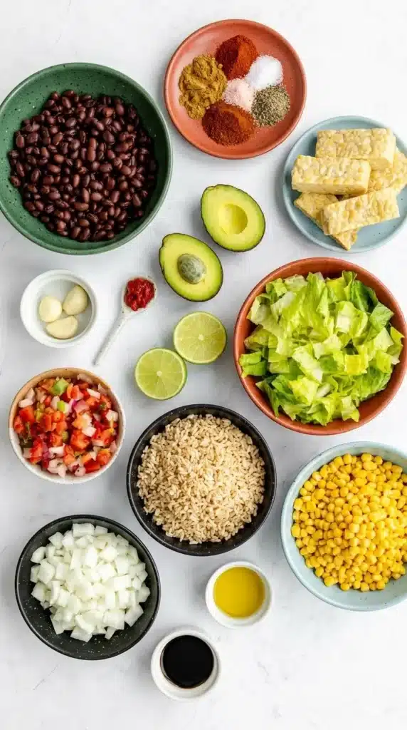 Vegan Tempeh Burrito Bowls | Amazing Easy Lunch Recipe 6 Ingredients for Vegan Tempeh Burrito Bowls arranged in bowls on a countertop