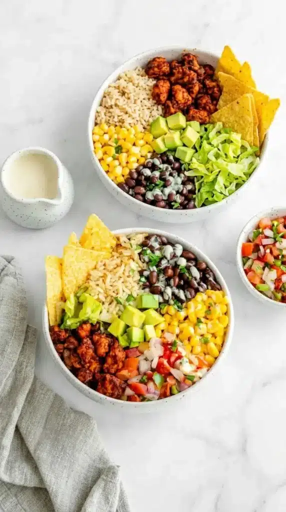 Vegan Tempeh Burrito Bowls | Amazing Easy Lunch Recipe 7 Vegan Tempeh Burrito Bowls served with rice, beans, avocado, and tortilla chips