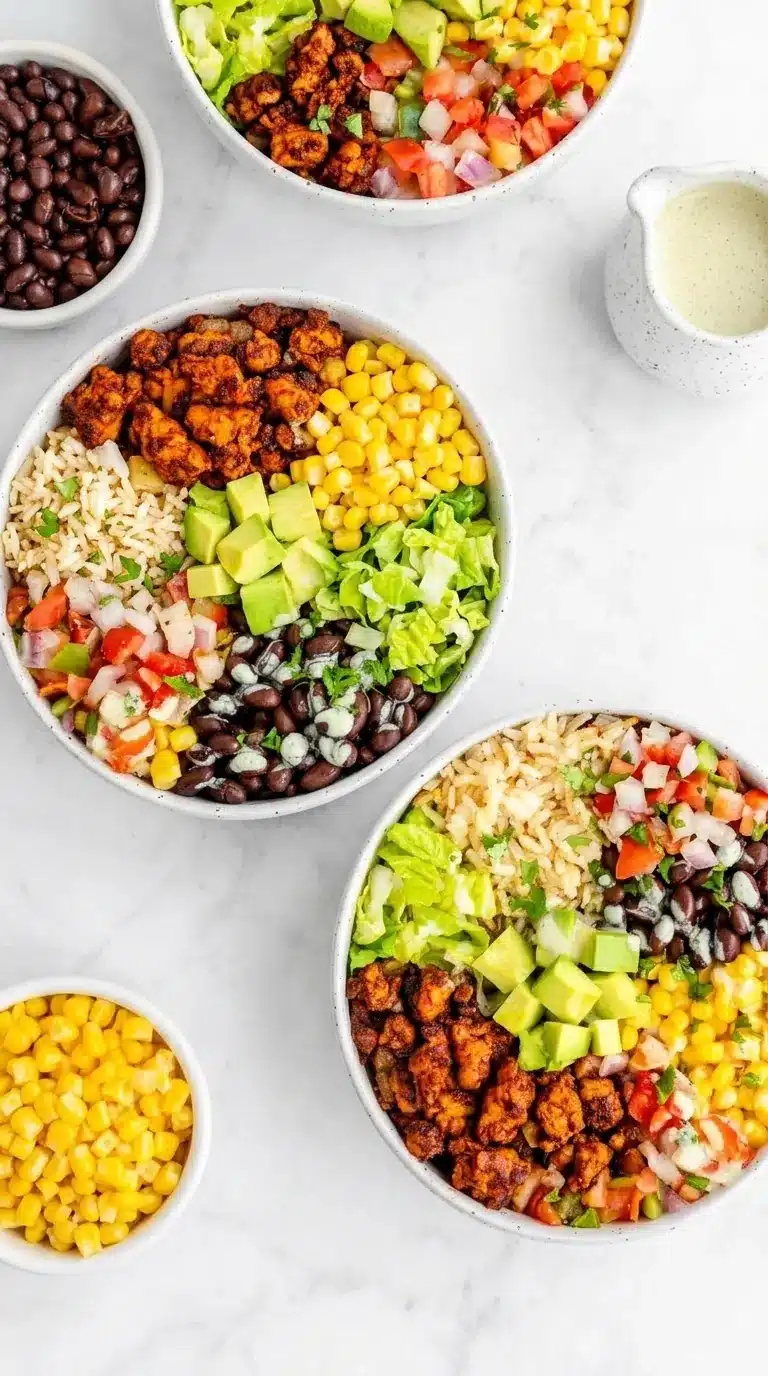 Vegan Tempeh Burrito Bowl with rice, black beans, corn, avocado, and smoky tempeh
