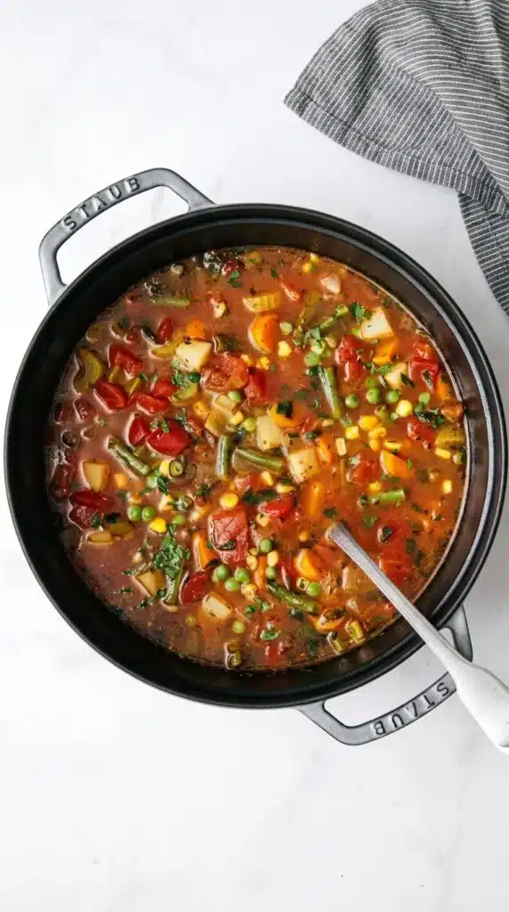 Vegetable Soup Recipe | Easy, Amazing Homemade Favorite 7 Vegetable Soup simmering in a Dutch oven with fresh vegetables and herbs
