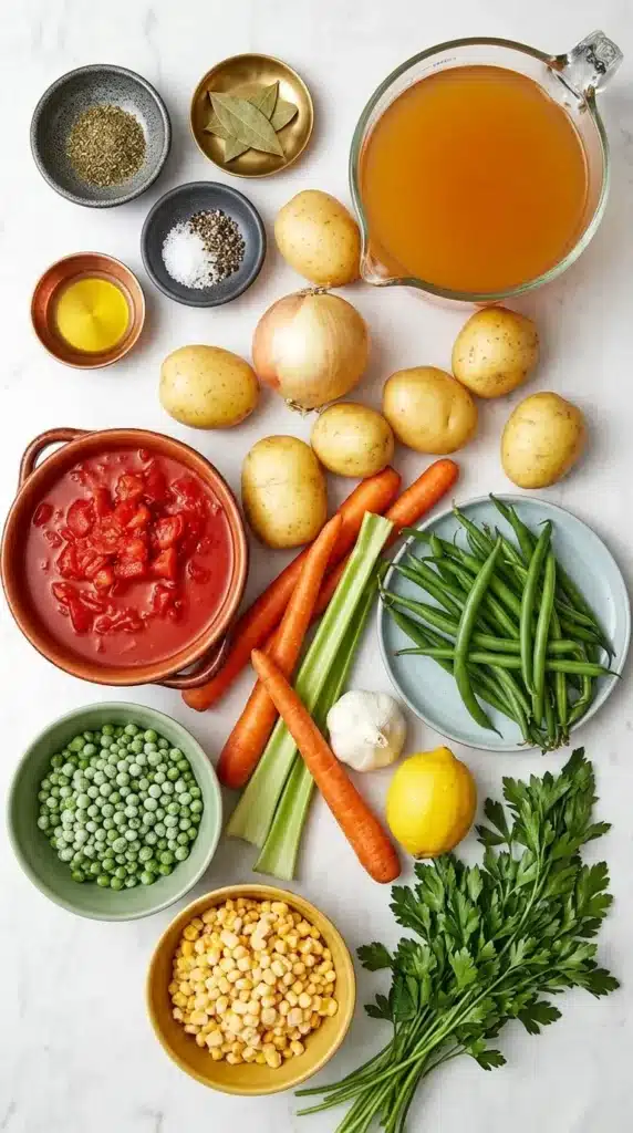 Vegetable Soup Recipe | Easy, Amazing Homemade Favorite 6 Vegetable Soup ingredients with fresh vegetables, broth, herbs, tomatoes, corn, and peas