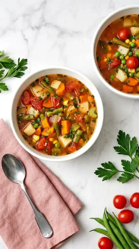 Vegetable Soup Recipe | Easy, Amazing Homemade Favorite 8 Homemade Vegetable Soup served in a bowl with tender vegetables and fresh parsley