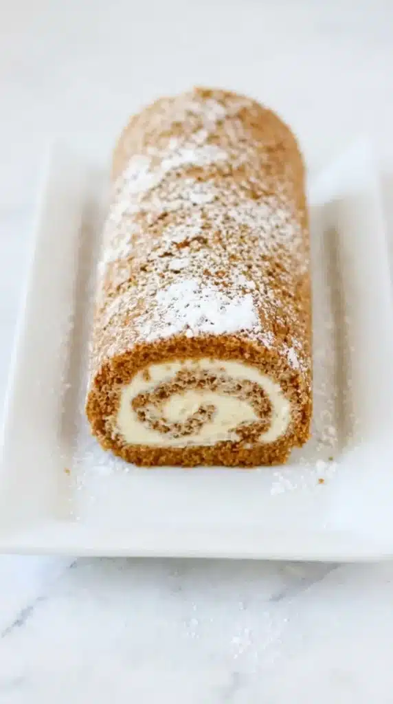 Whole pumpkin roll with cream cheese filling and powdered sugar