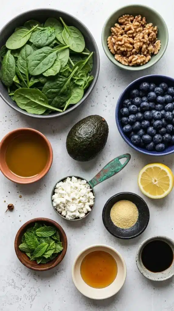 20-Minute Spinach Blueberry Salad ingredients arranged on a wooden board