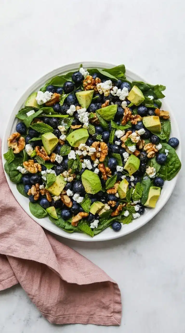 20-Minute Spinach Blueberry Salad with avocado, walnuts, goat cheese, and balsamic dressing
