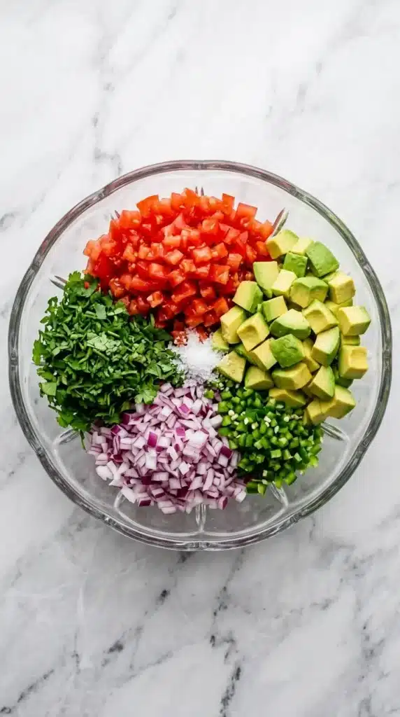 Avocado Salsa ingredients with diced avocado, tomatoes, onion, jalapeno, cilantro, lime, and salt