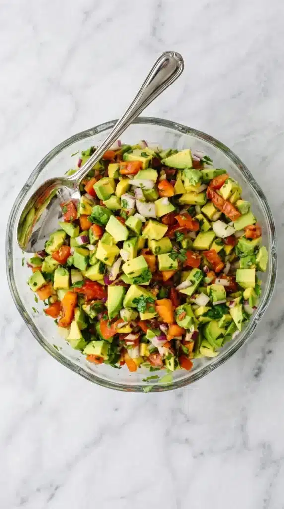 Avocado Salsa ingredients with tomatoes, avocados, lime, jalapeno, red onion, cilantro, and salt