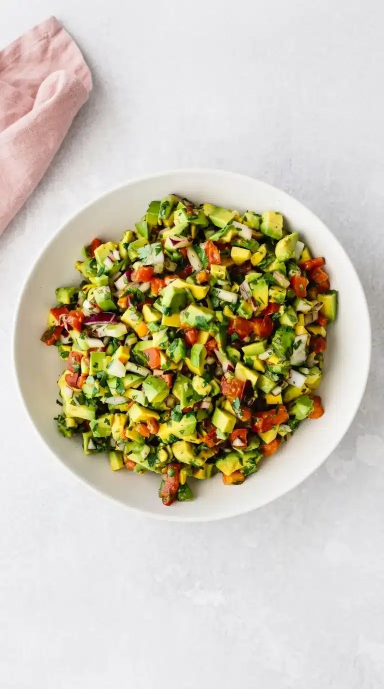 Chunky Avocado Salsa served with crispy tortilla chips and fresh cilantro