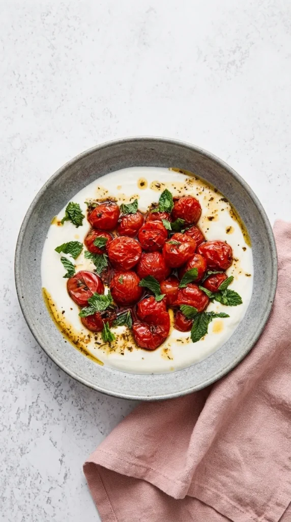 Whipped Feta Dip with Roasted Tomatoes topped with fresh herbs and olive oil