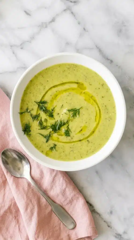 Creamy Zucchini Soup with fresh herbs and olive oil in stoneware bowls