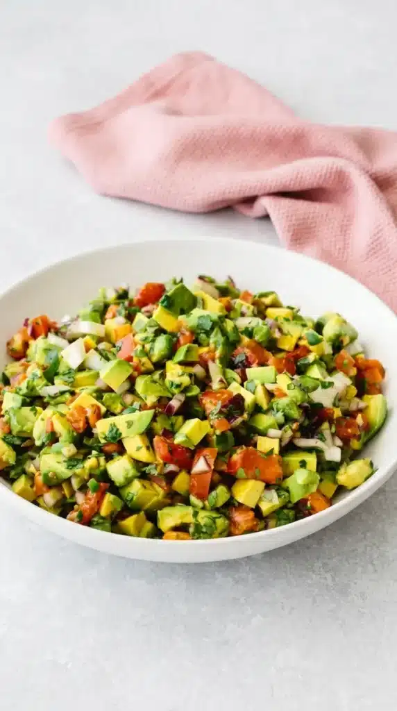 Fresh chunky Avocado Salsa with tomatoes, red onion, cilantro, jalapeno, and tortilla chips