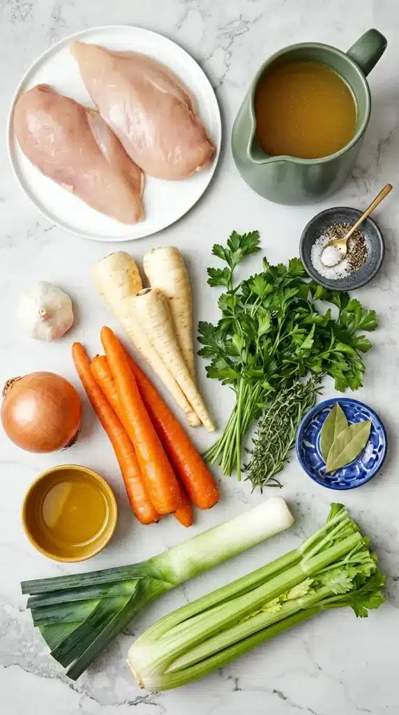 Healthy Chicken Soup Recipe : Simple 30-Minute Comfort 8 Healthy Chicken Soup ingredients with chicken, broth, carrots, parsnips, celery, leek, and fresh herbs