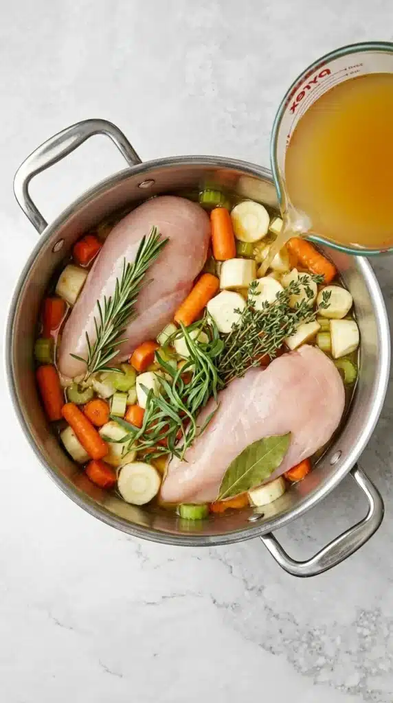 Healthy Chicken Soup Recipe : Simple 30-Minute Comfort 9 Healthy Chicken Soup with chicken, vegetables, herbs, and broth added to a Dutch oven