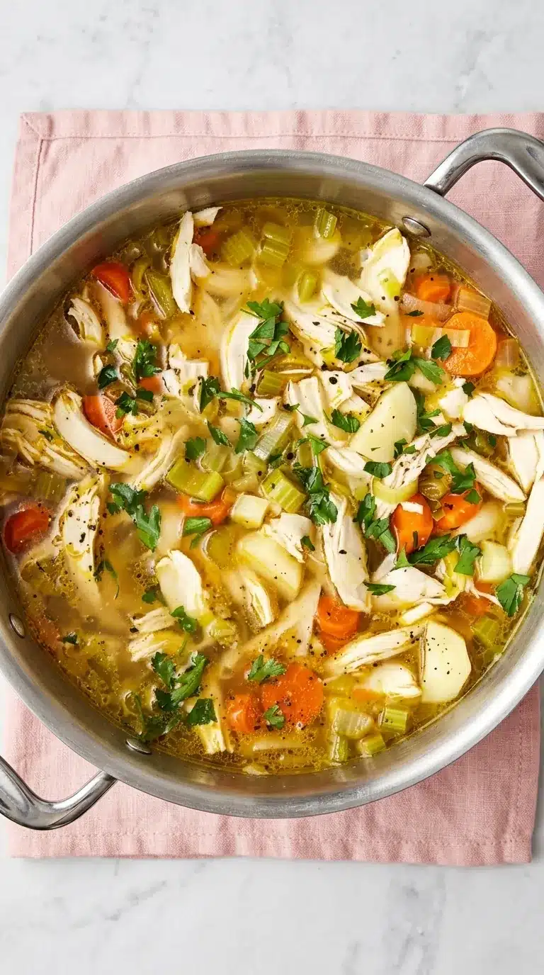 Healthy chicken soup with shredded chicken, carrots, celery, parsnips, and fresh herbs