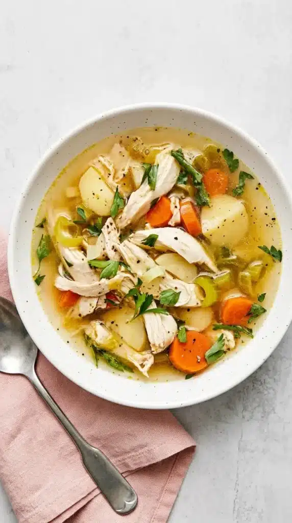 Healthy Chicken Soup Recipe : Simple 30-Minute Comfort 11 Healthy Chicken Soup bowl with shredded chicken, carrots, vegetables, parsley, and golden broth