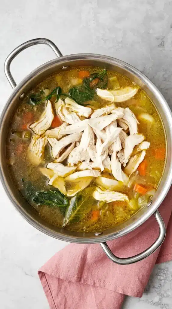Healthy Chicken Soup Recipe : Simple 30-Minute Comfort 10 Healthy Chicken Soup with tender shredded chicken added to golden broth and vegetables