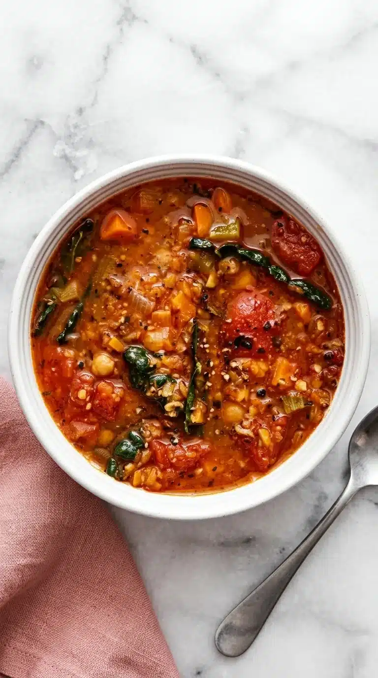 Mediterranean Lentil Soup with tomatoes, carrots, kale, lentils, and herbs