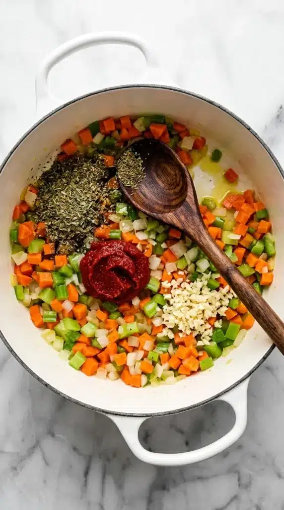Mediterranean Lentil Soup Recipe : Easy, Happy Comfort 12 Mediterranean Lentil Soup with tomato paste, garlic, herbs, and spices added to vegetables