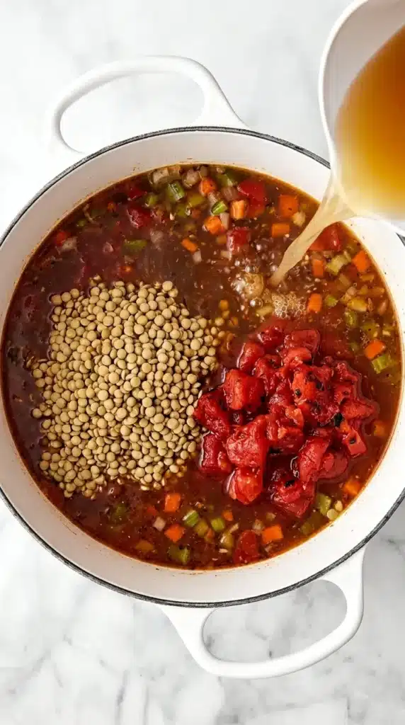 Mediterranean Lentil Soup Recipe : Easy, Happy Comfort 13 Mediterranean Lentil Soup with lentils, tomatoes, vegetables, and broth added to the pot
