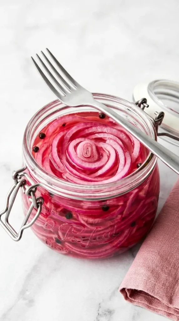 Quick Pickled Red Onions in a glass jar with tangy pink brine and peppercorns