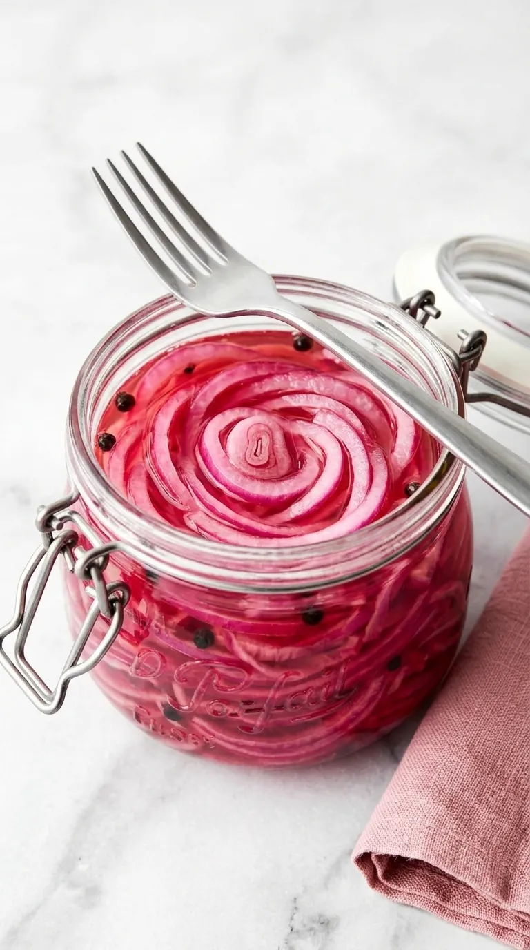 Quick Pickled Red Onions in a glass jar with tangy pink brine and peppercorns