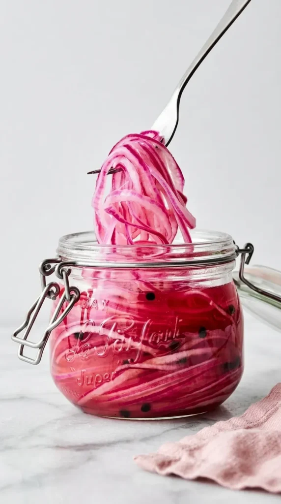 Quick Pickled Red Onions lifted from a jar of tangy pink brine