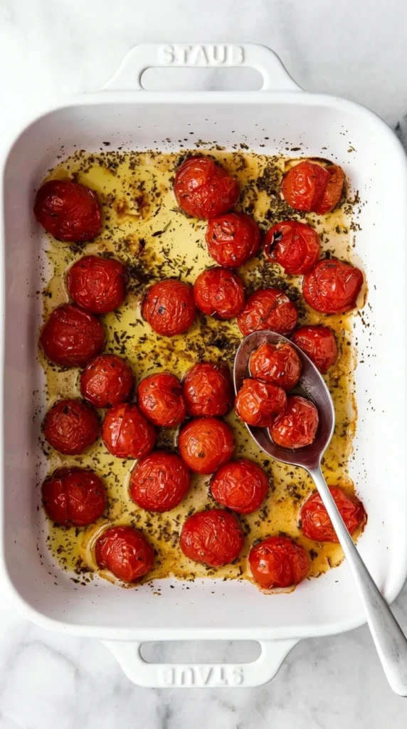 Roasted tomatoes for Whipped Feta Dip with Roasted Tomatoes with olive oil and Italian herbs