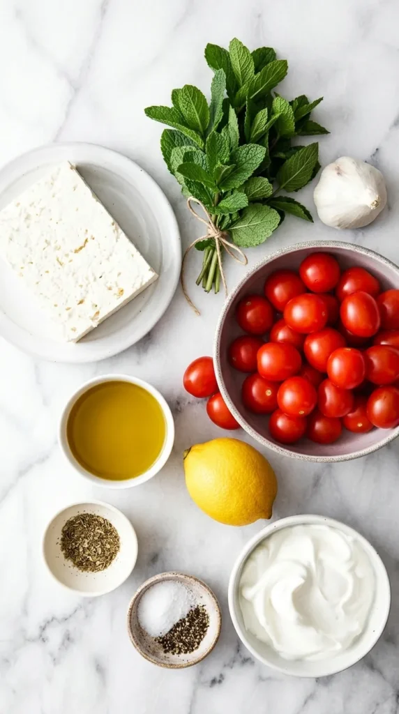 Whipped Feta Dip with Roasted Tomatoes ingredients with feta, Greek yogurt, tomatoes, lemon and herbs