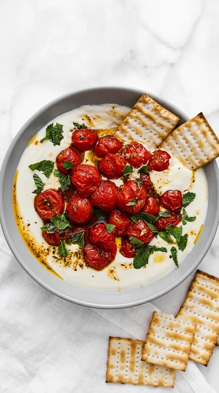 Whipped Feta Dip with Roasted Tomatoes, fresh herbs, olive oil, and crisp crackers